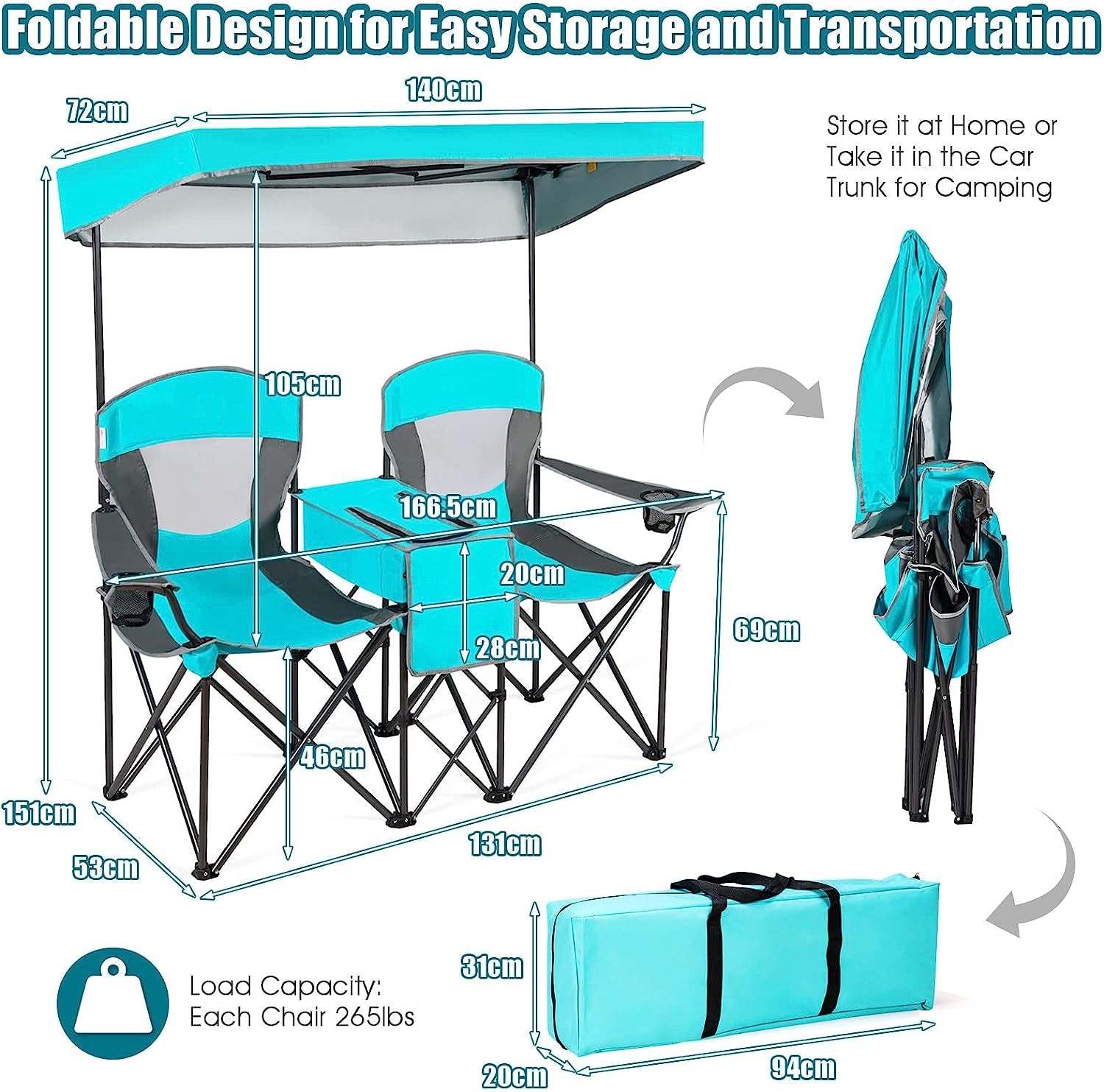 Safstar Double Camping Chair W/Shade Canopy, 2-Person Folding Camp and Beach Chair with Mini Table Beverage Cup Holder Carrying Bag for Garden Patio Pool Beach