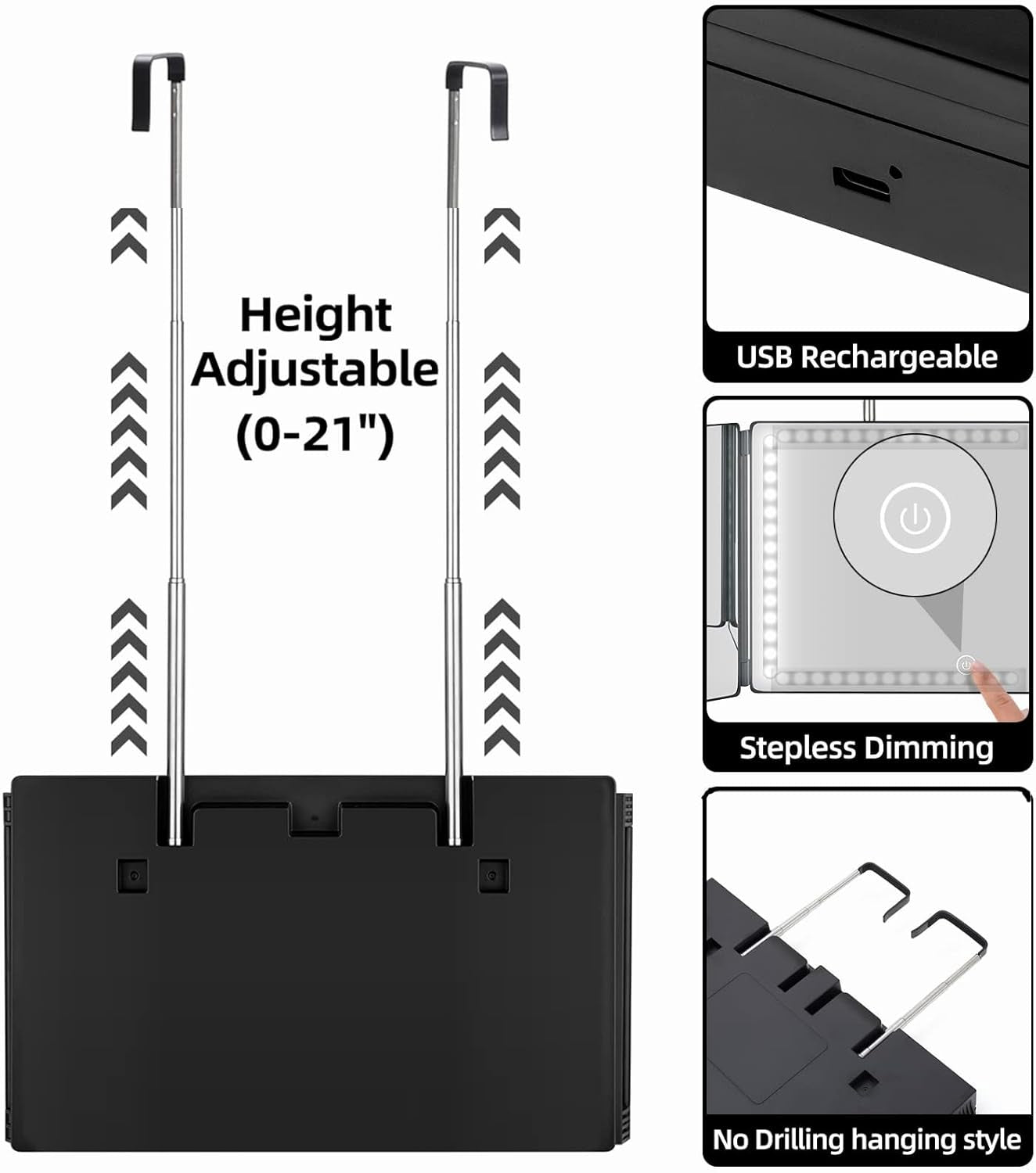 Rechargeable Hanging 3-Way Mirror – LED Trifold Glass Mirror for Haircuts, Makeup & Grooming