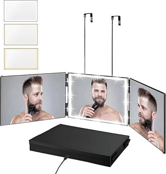 Rechargeable Hanging 3-Way Mirror – LED Trifold Glass Mirror for Haircuts, Makeup & Grooming