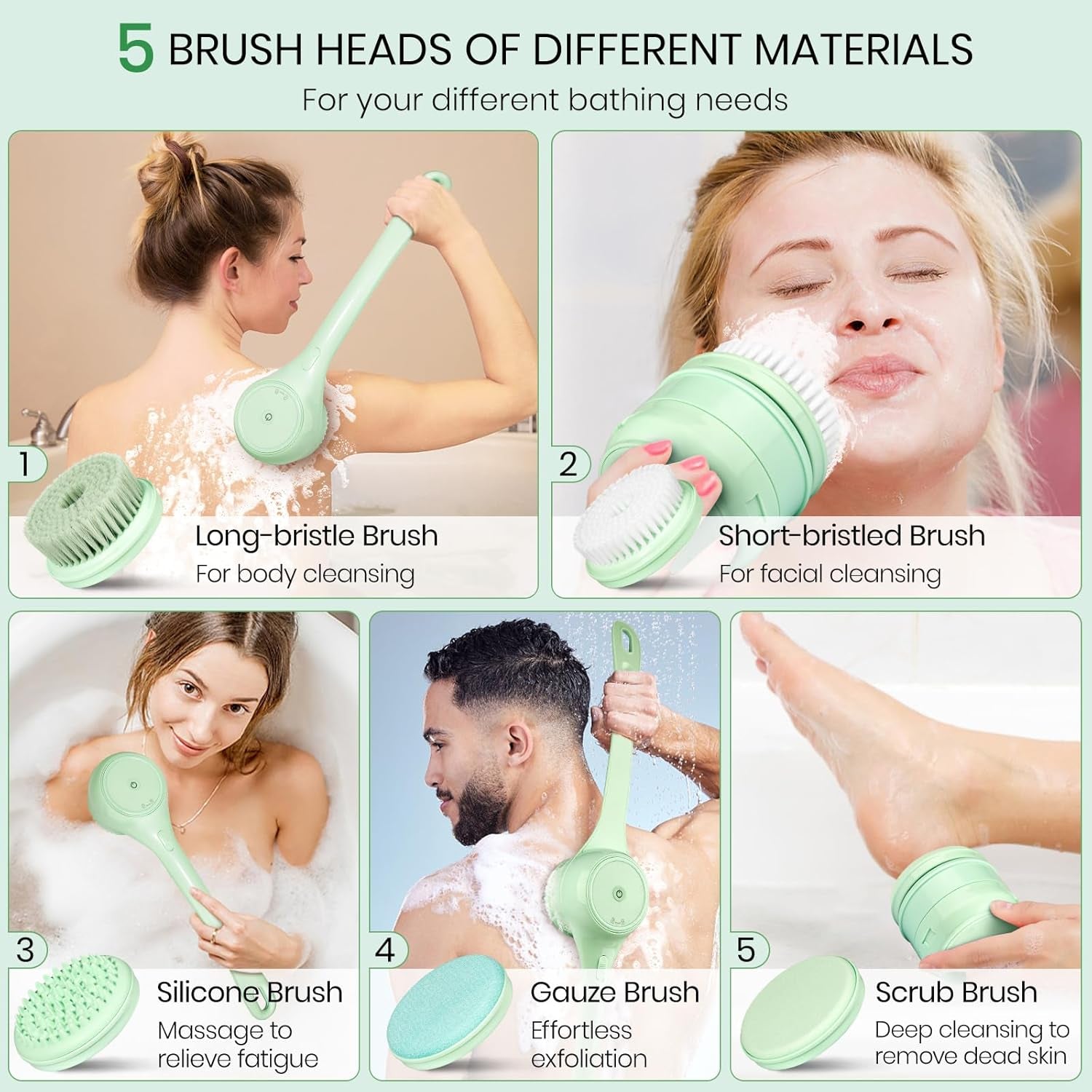 Electric Body Brush Back Scrubber for Shower, Auto Spinning Exfoliating Massage Bath Brush Rechargeable, Dual Long Handle, Deep Cleansing, Waterproof, Rotating Body Brushes with 5 Brush Heads
