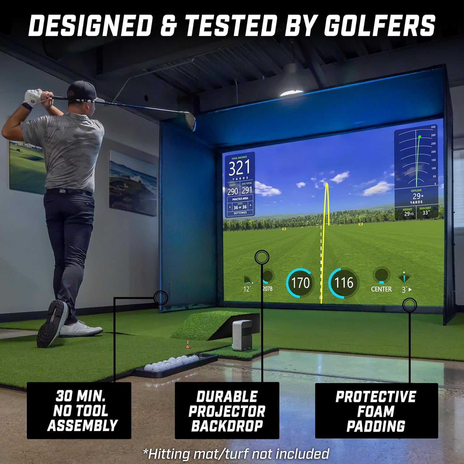 Golf Simulator Enclosure Nets - Choose 10 X 8 Ft, 12 X 9 Ft, or 14 X 8 Ft - Complete Set with Frame and HD Impact Screen Kit