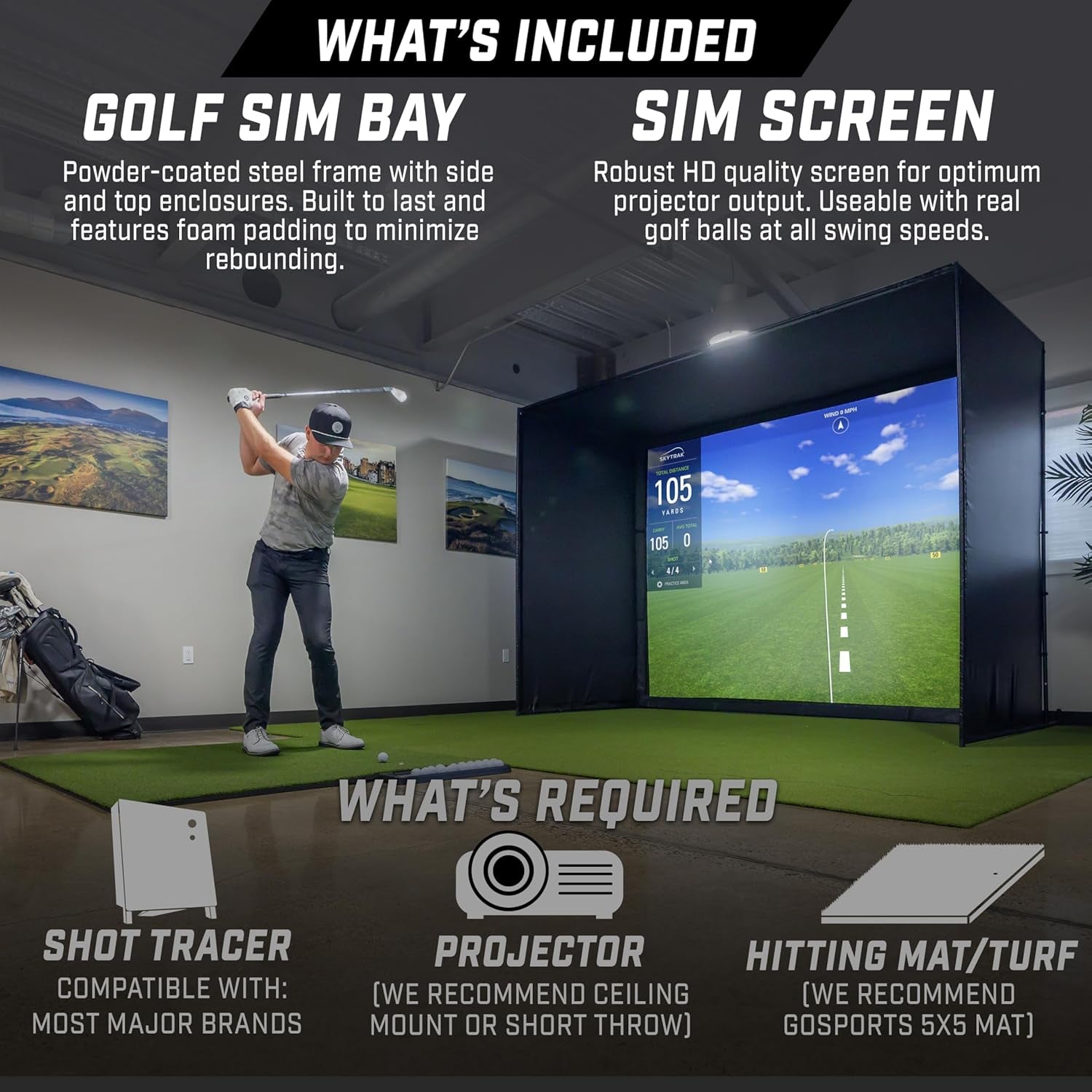 Golf Simulator Enclosure Nets - Choose 10 X 8 Ft, 12 X 9 Ft, or 14 X 8 Ft - Complete Set with Frame and HD Impact Screen Kit