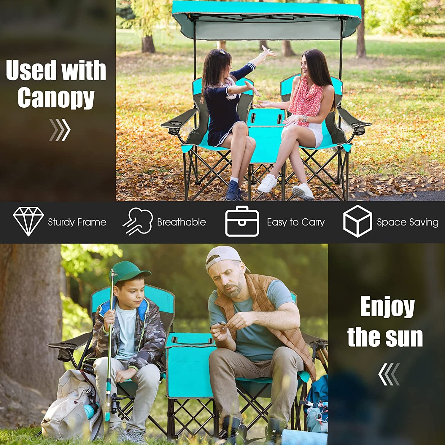 Safstar Double Camping Chair W/Shade Canopy, 2-Person Folding Camp and Beach Chair with Mini Table Beverage Cup Holder Carrying Bag for Garden Patio Pool Beach