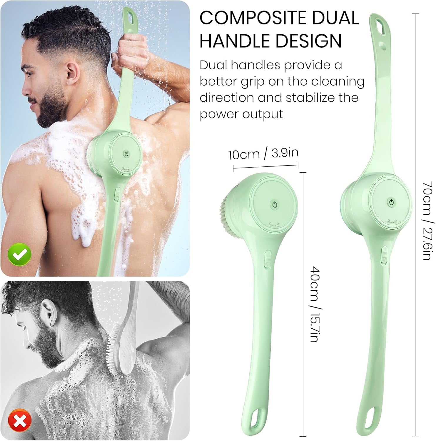 Electric Body Brush Back Scrubber for Shower, Auto Spinning Exfoliating Massage Bath Brush Rechargeable, Dual Long Handle, Deep Cleansing, Waterproof, Rotating Body Brushes with 5 Brush Heads