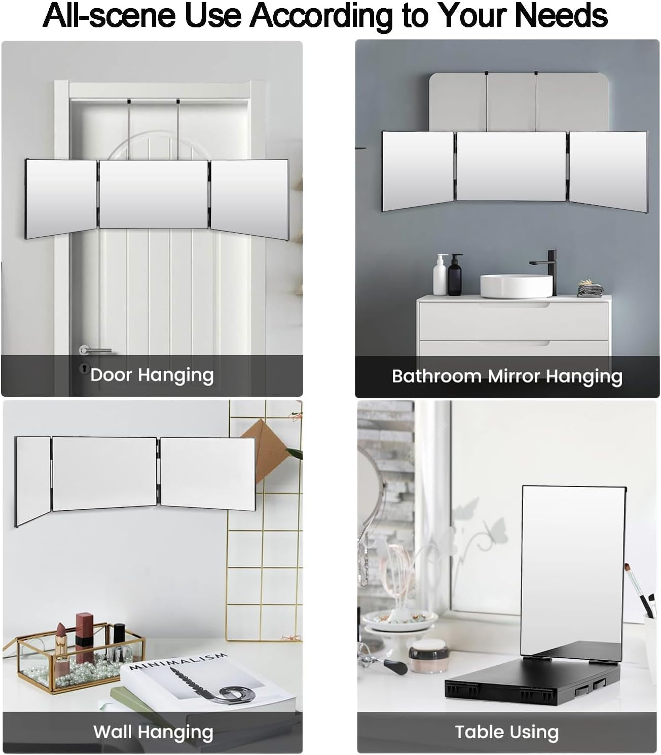 Rechargeable Hanging 3-Way Mirror – LED Trifold Glass Mirror for Haircuts, Makeup & Grooming