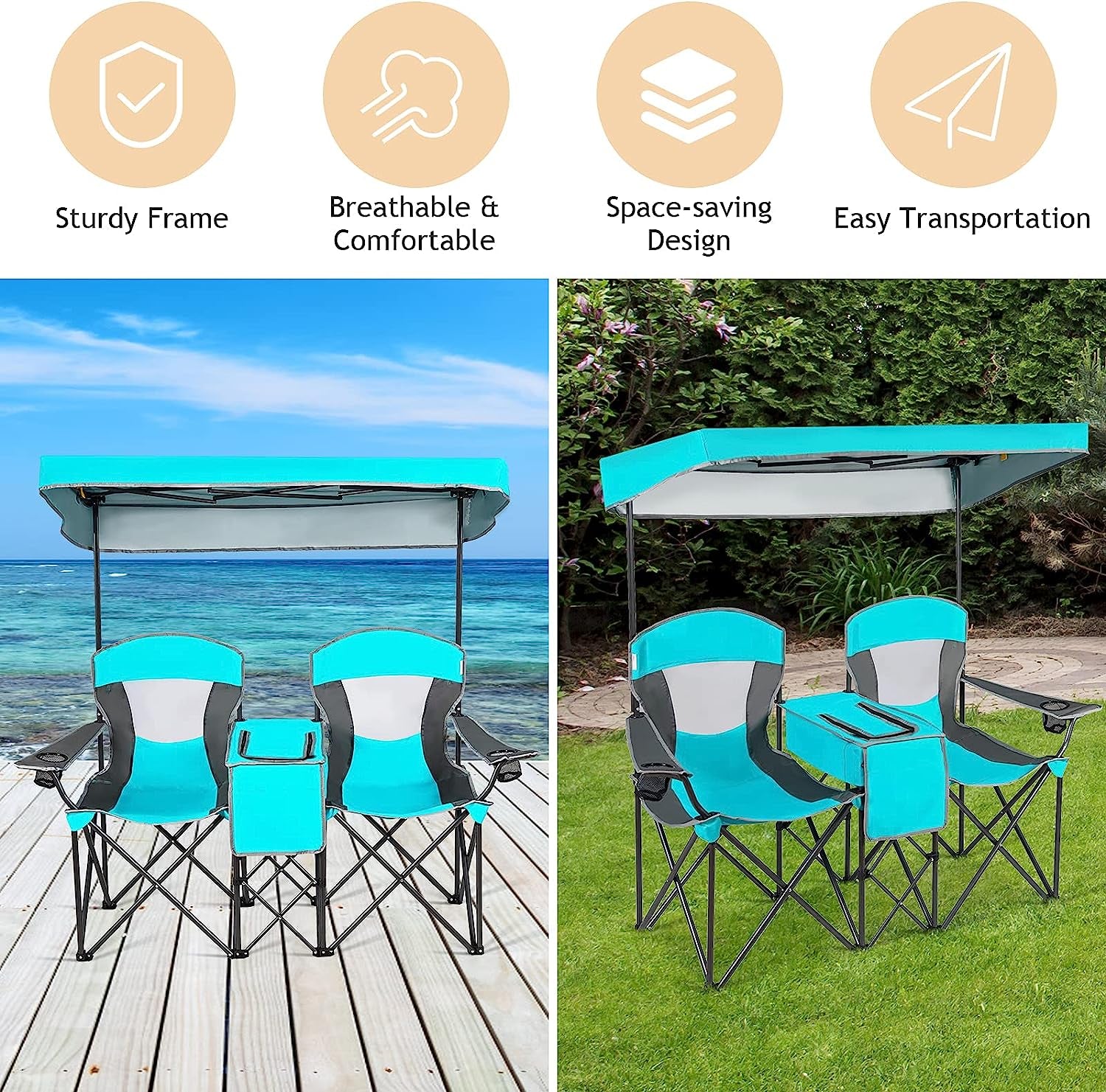 Safstar Double Camping Chair W/Shade Canopy, 2-Person Folding Camp and Beach Chair with Mini Table Beverage Cup Holder Carrying Bag for Garden Patio Pool Beach