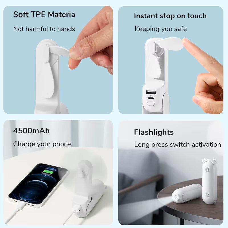 Portable Fan Mini Handheld Fan USB 4500Mah Recharge Hand Held Small 3 In1 Pocket Fan with Power Bank Flashlight Feature