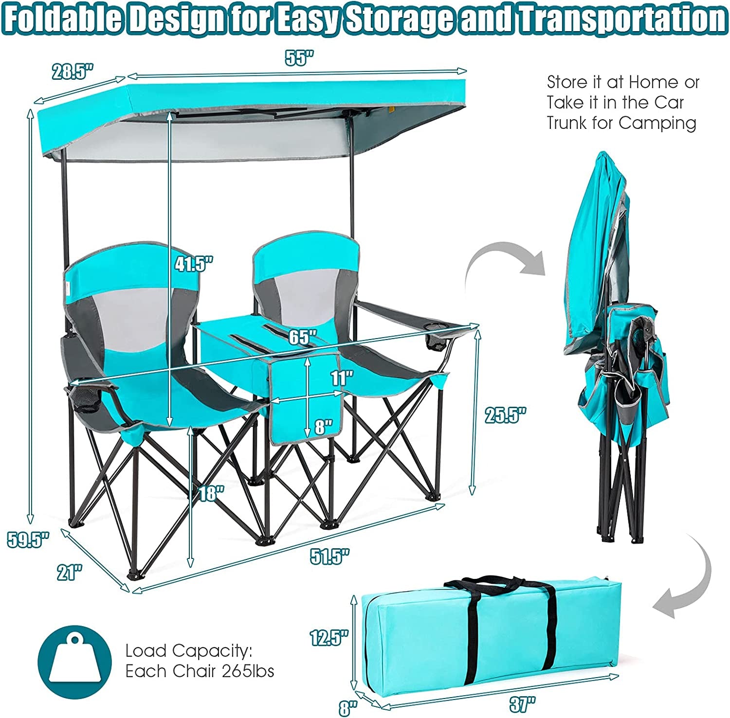 Safstar Double Camping Chair W/Shade Canopy, 2-Person Folding Camp and Beach Chair with Mini Table Beverage Cup Holder Carrying Bag for Garden Patio Pool Beach