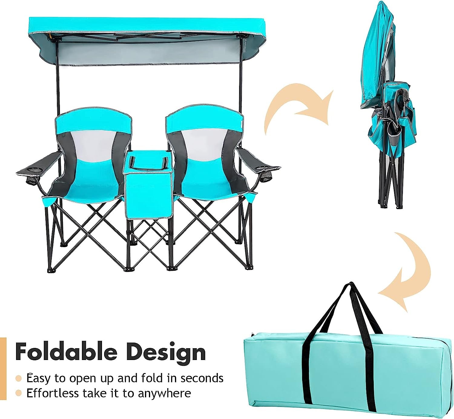 Safstar Double Camping Chair W/Shade Canopy, 2-Person Folding Camp and Beach Chair with Mini Table Beverage Cup Holder Carrying Bag for Garden Patio Pool Beach