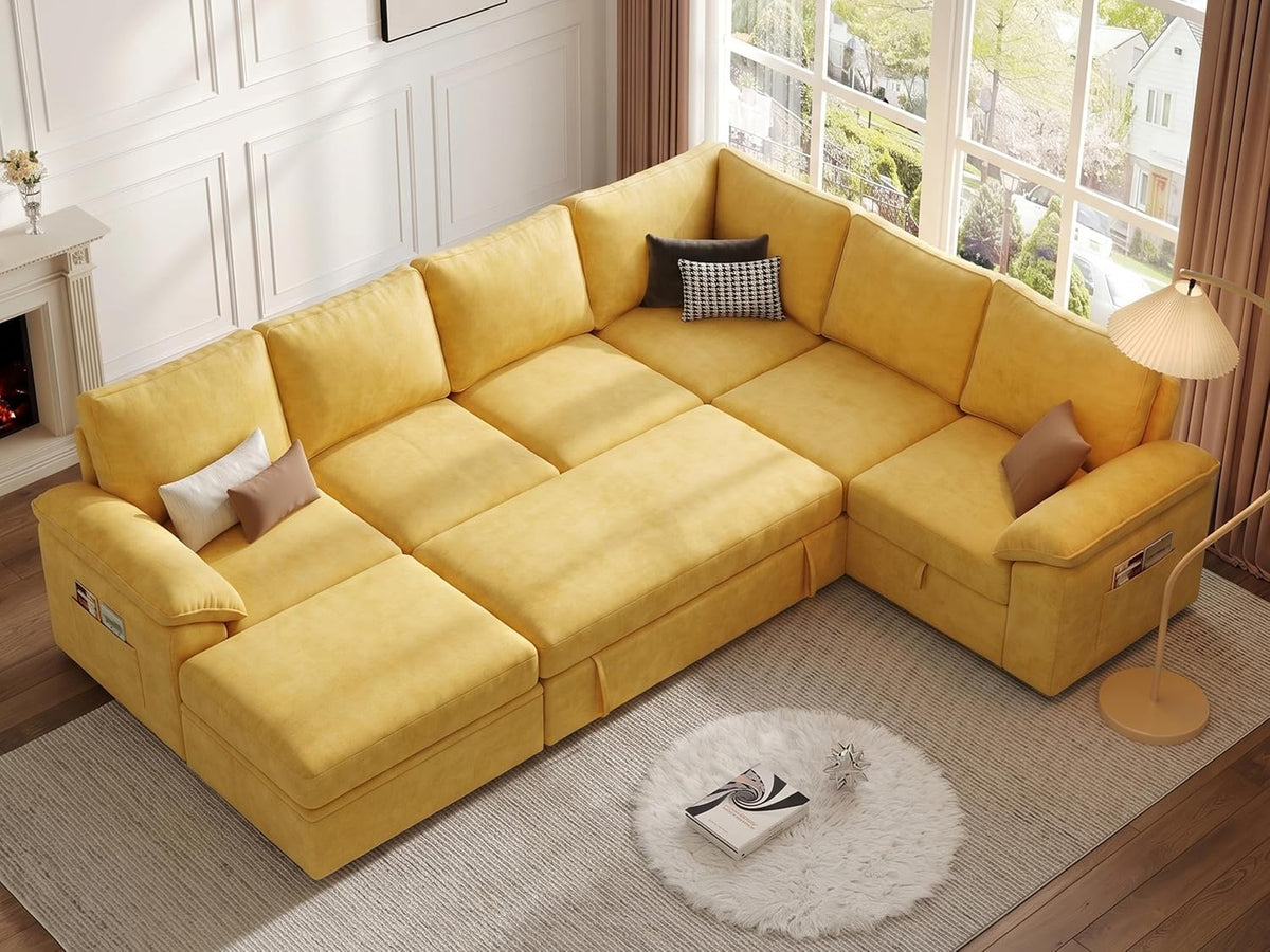108 Inch Modular Sectional Sofa with Pull Out Bed,U Shaped 7 Seat Sectional Sleeper Sofa with Storage,Sectional Couches for Living Room,Cloud Modular Couch,Removable Sofa Cover,Yellow