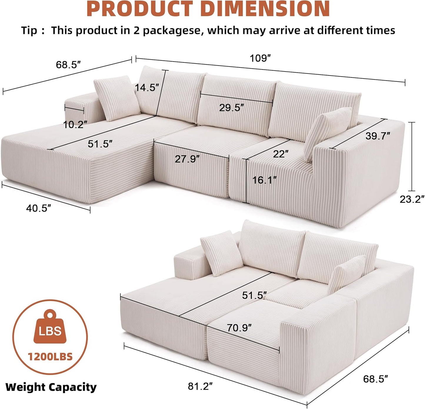 AltaCloud™ 108” Modular Cloud Sofa – Deep Seat with Left Chaise (Beige)