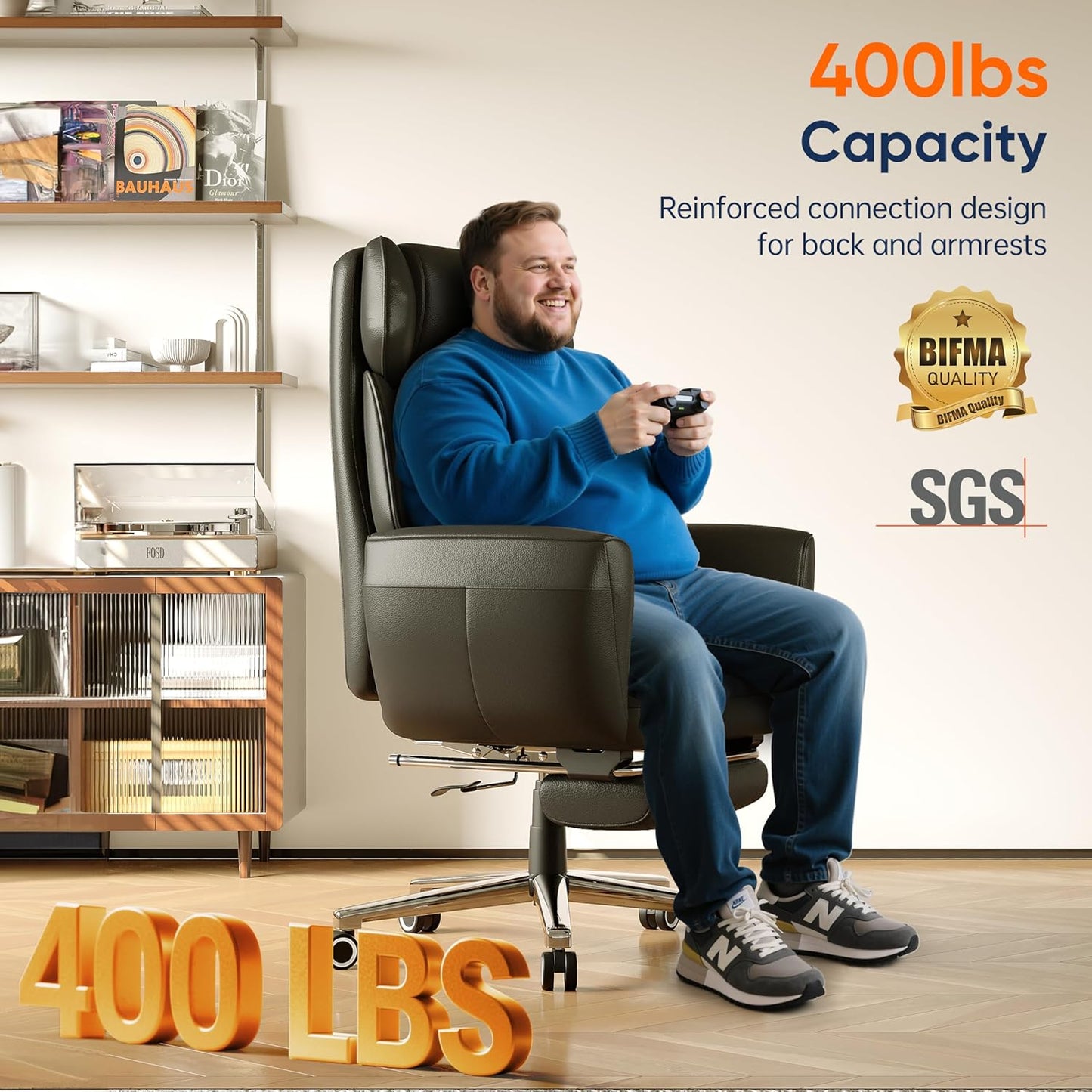 Ergonomic Chair with Footrest – Wide Cross Legged Chair with Reversible Armrests, 120°Tilt, Lumbar Support,Heavy-Duty Base, Big and Tall Executive Chair Plus, Black, GY82766