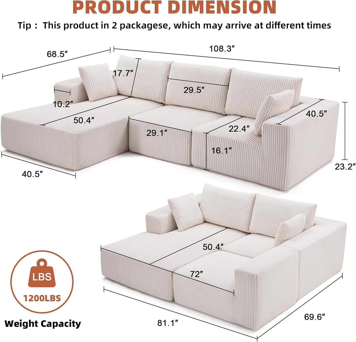 AltaCloud™ 108” Modular Cloud Sofa – Deep Seat with Left Chaise (Beige)