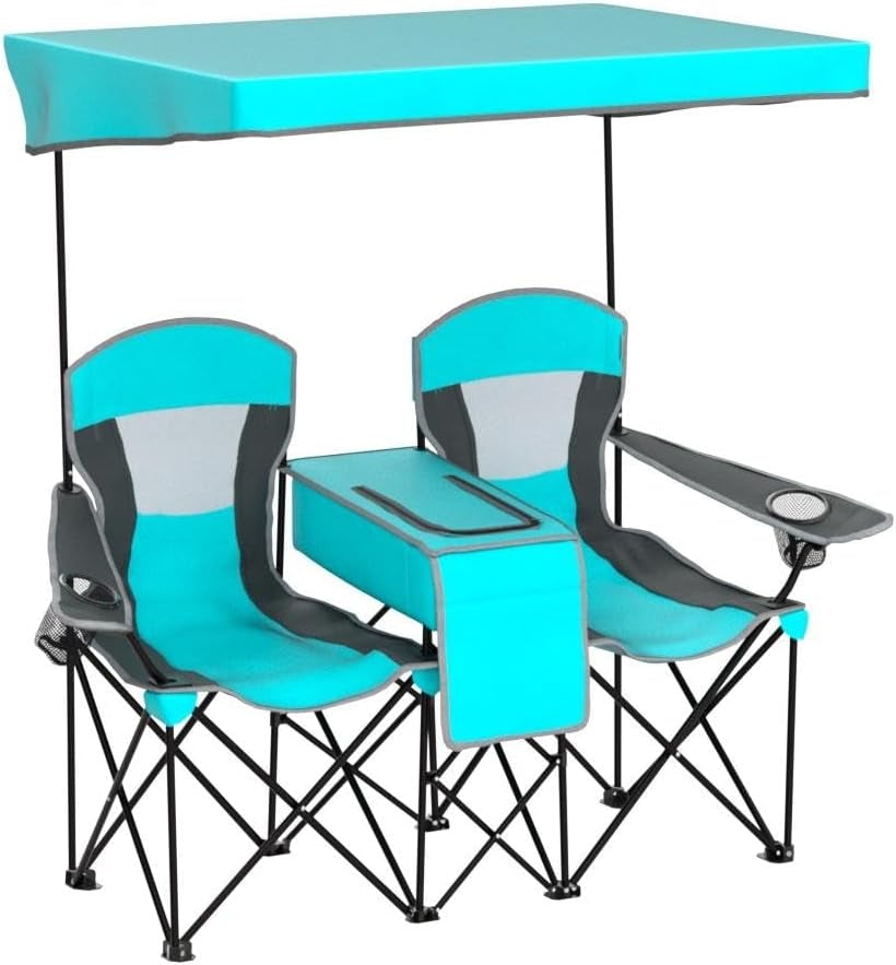 Safstar Double Camping Chair W/Shade Canopy, 2-Person Folding Camp and Beach Chair with Mini Table Beverage Cup Holder Carrying Bag for Garden Patio Pool Beach
