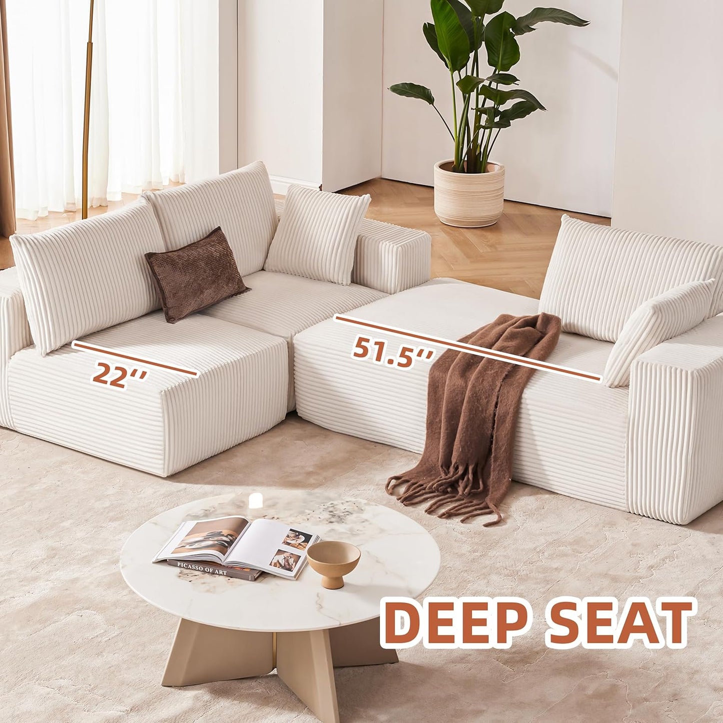 AltaCloud™ 108” Modular Cloud Sofa – Deep Seat with Left Chaise (Beige)