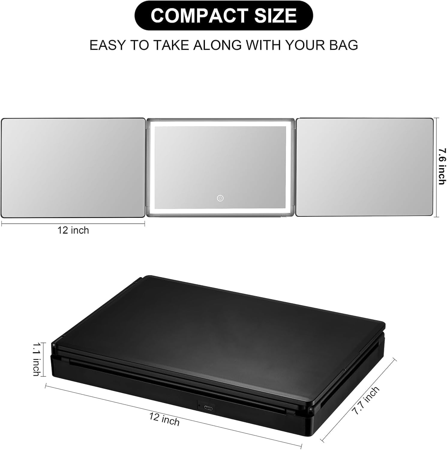 Rechargeable Hanging 3-Way Mirror – LED Trifold Glass Mirror for Haircuts, Makeup & Grooming