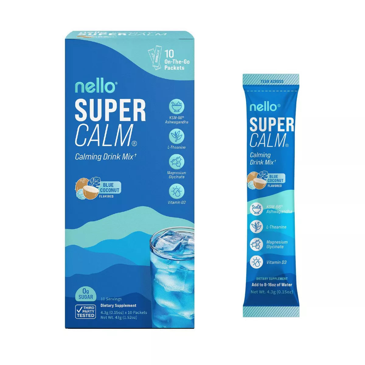 Nello Supercalm Calming Drink Mix Supplement Powder - Blue Coconut - 10Ct