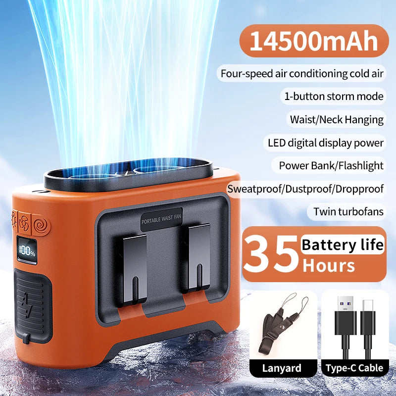Socoolfan 14500mAh Wearable Fan – Dual Air Vents for Neck & Waist, Ideal for Outdoor Work & Travel