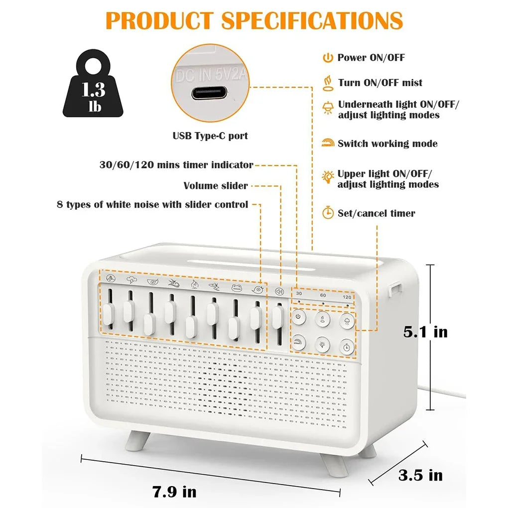 NEW 3 in 1 Bluetooth-Compatible Speaker White Noise Sleep Aid Night Light Humidifier All-In-One Machine Free 8 Goup Nature Sound