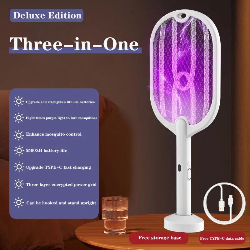 VoltZap™ 3-in-1 Electric Mosquito Swatter – 3000V Bug Zapper Racket with Type-C Charging & UV Lamp Mode