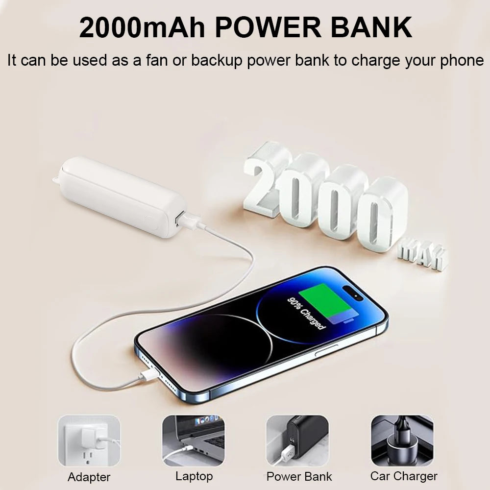 3-in-1 Portable USB Rechargeable Fan – 2000mAh, 3-Speed, Foldable Handheld & Desk Fan with Power Bank