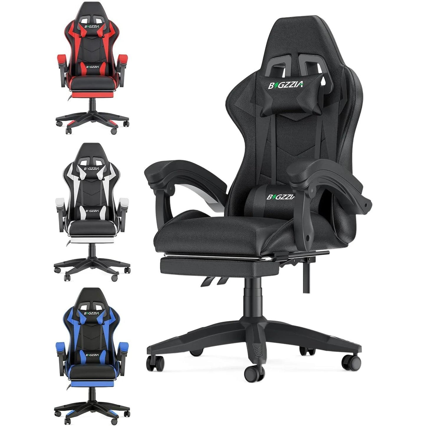 BIGZZIA™ Ergonomic Gaming Chair with Footrest – High-Back Recliner with Lumbar & Headrest Support