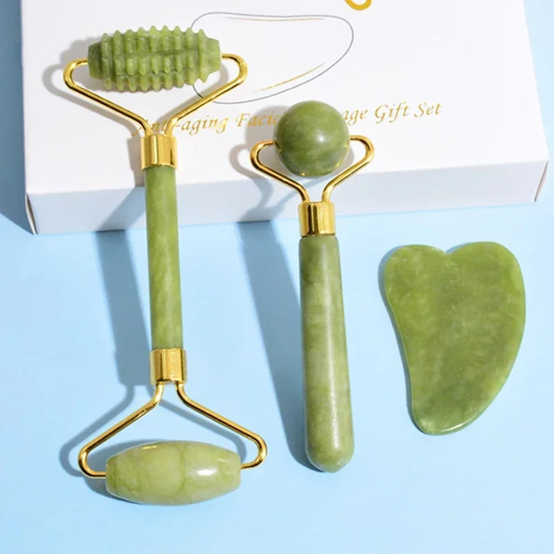 Natural Jade Roller & Gua Sha Set – Face, Neck & Eye Massage Tool