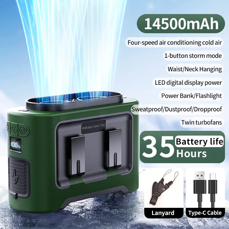 Socoolfan 14500mAh Wearable Fan – Dual Air Vents for Neck & Waist, Ideal for Outdoor Work & Travel