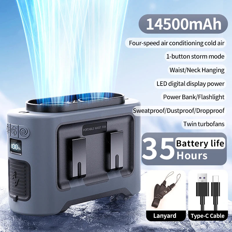 Socoolfan 14500mAh Wearable Fan – Dual Air Vents for Neck & Waist, Ideal for Outdoor Work & Travel