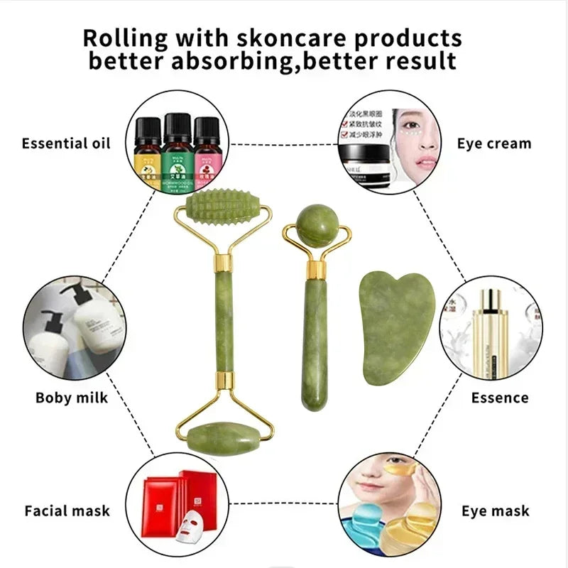 Natural Jade Roller & Gua Sha Set – Face, Neck & Eye Massage Tool