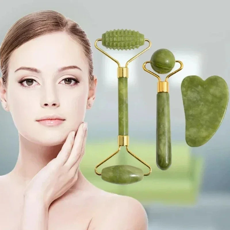 Natural Jade Roller & Gua Sha Set – Face, Neck & Eye Massage Tool