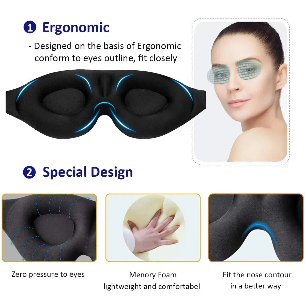 SleepEase™ 3D Contour Sleep Mask – No Pressure, Total Darkness, Ultra-Soft Fit