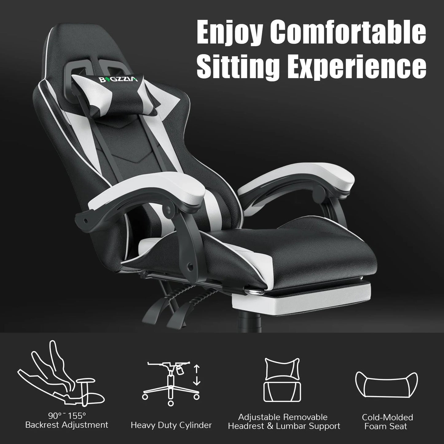 BIGZZIA™ Ergonomic Gaming Chair with Footrest – High-Back Recliner with Lumbar & Headrest Support