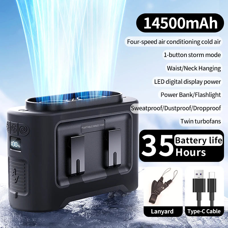 Socoolfan 14500mAh Wearable Fan – Dual Air Vents for Neck & Waist, Ideal for Outdoor Work & Travel
