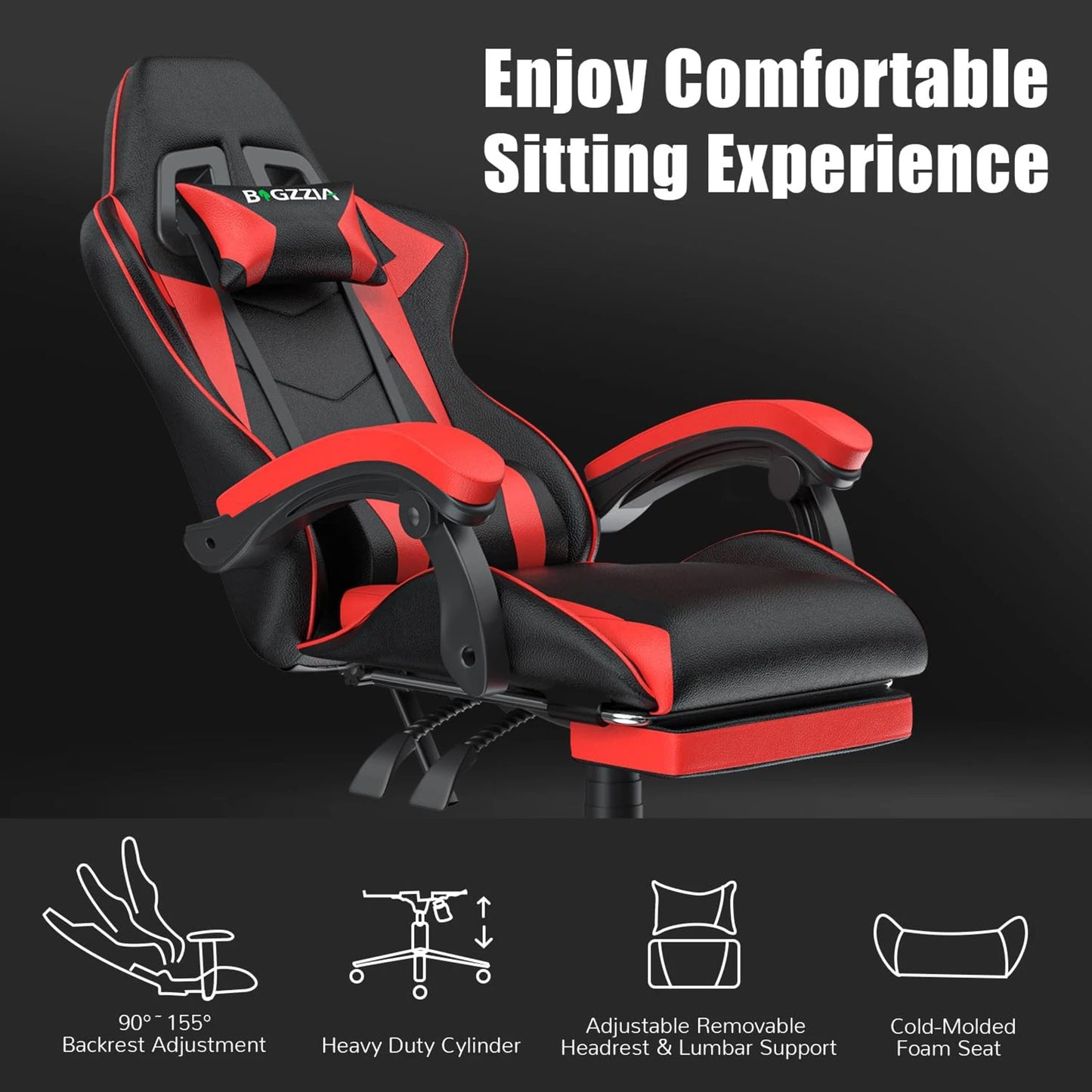 BIGZZIA™ Ergonomic Gaming Chair with Footrest – High-Back Recliner with Lumbar & Headrest Support