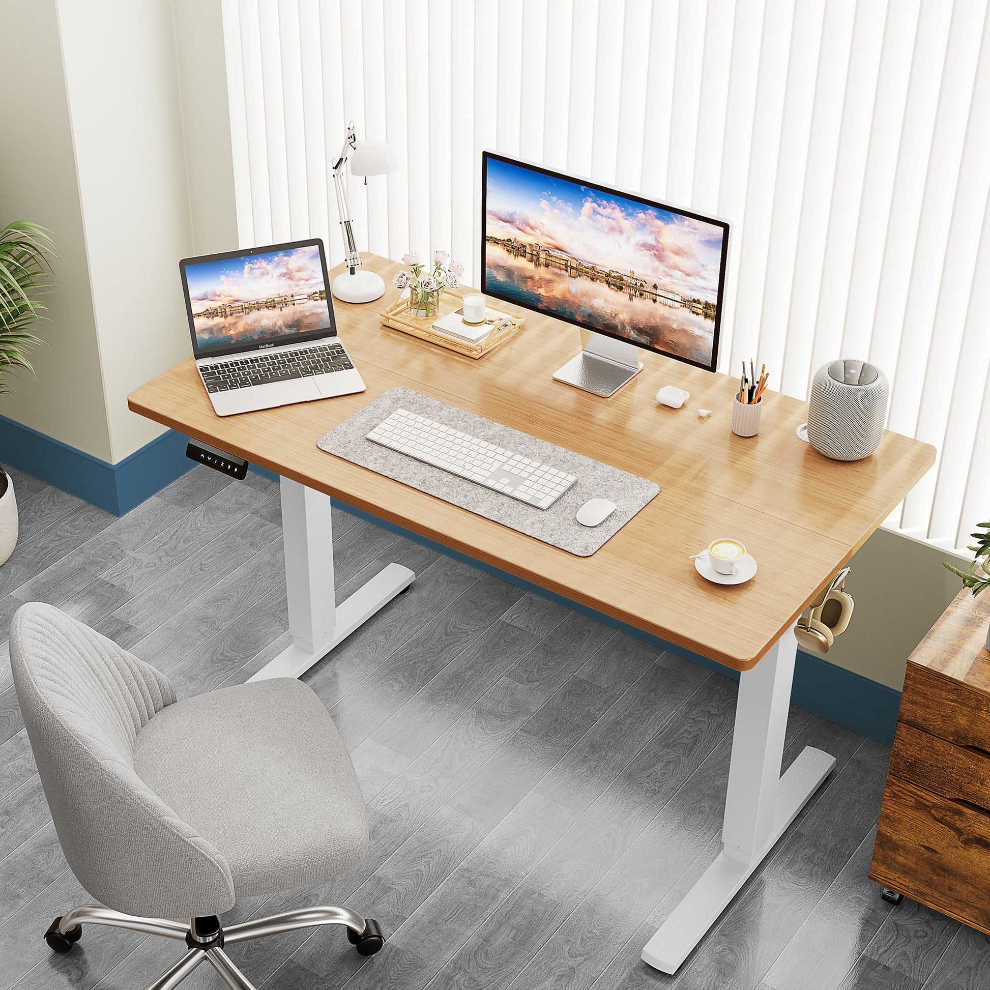 Electric Adjustable Height Standing Desk - 55 X 24 Inch Sit to Stand up Desk with Splice Board,Oak