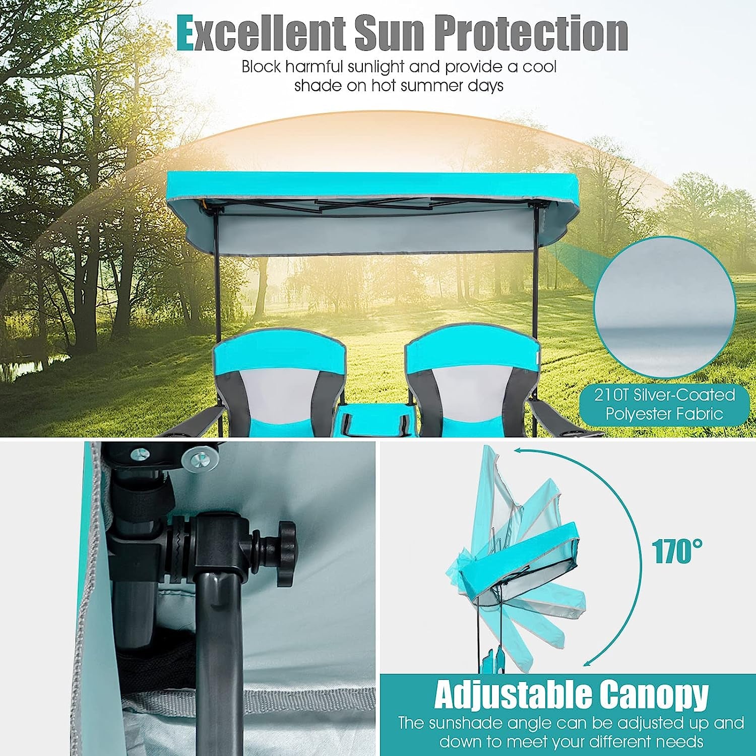 Safstar Double Camping Chair W/Shade Canopy, 2-Person Folding Camp and Beach Chair with Mini Table Beverage Cup Holder Carrying Bag for Garden Patio Pool Beach