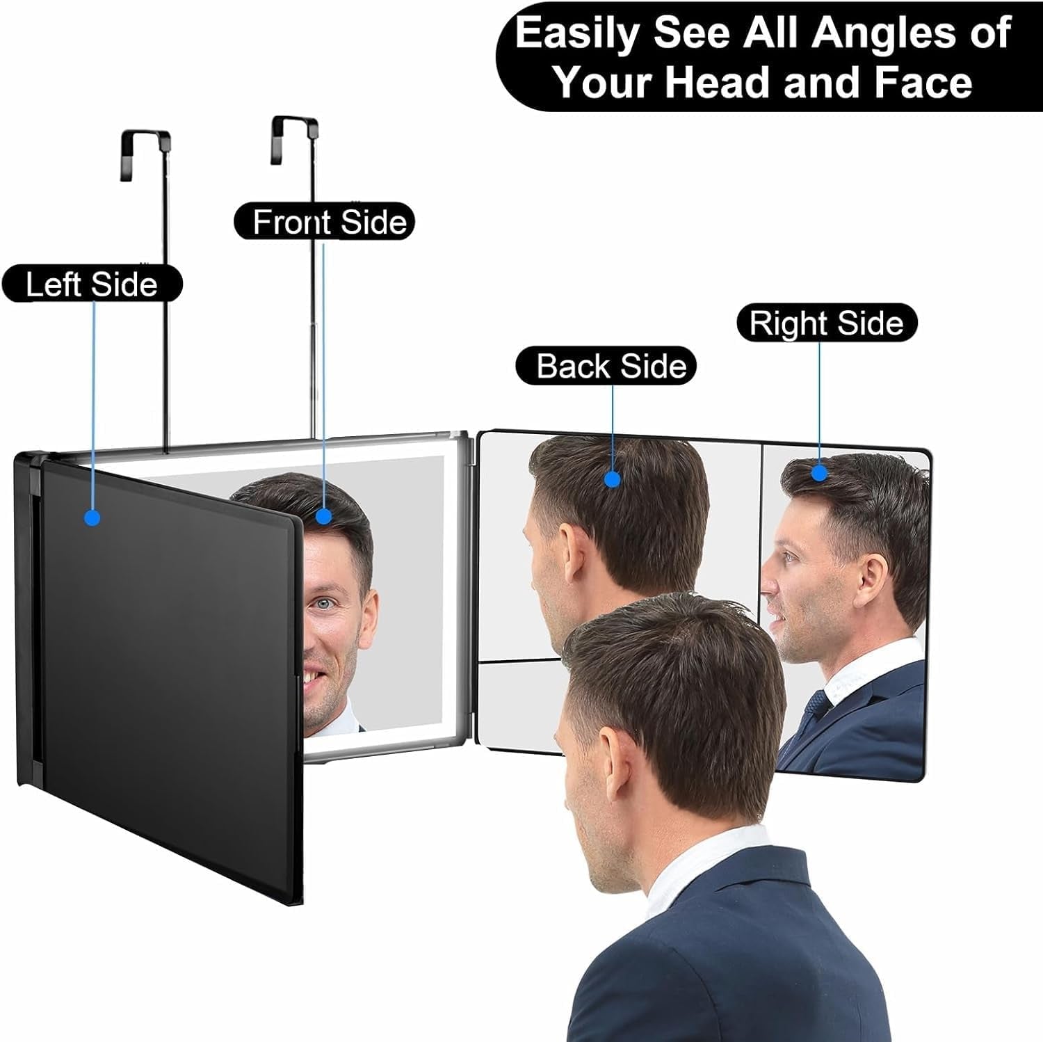 Rechargeable Hanging 3-Way Mirror – LED Trifold Glass Mirror for Haircuts, Makeup & Grooming