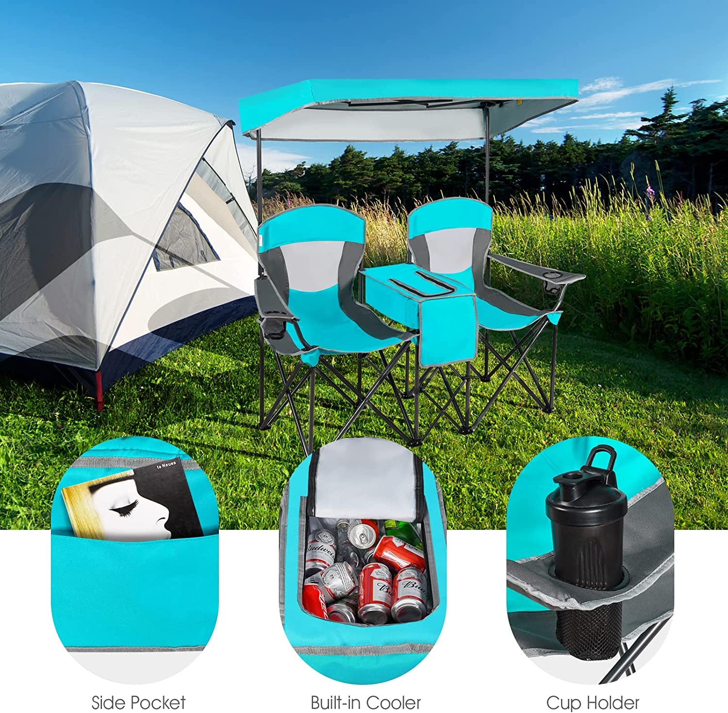 Safstar Double Camping Chair W/Shade Canopy, 2-Person Folding Camp and Beach Chair with Mini Table Beverage Cup Holder Carrying Bag for Garden Patio Pool Beach
