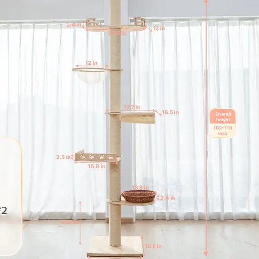 【Summervibes】Adjustable Height Cat Tree Tower (102-118 Inches ) 5-Tier Hemp Scratching Post Indoor/Outdoor Sturdy Cat Activity Center with Perches