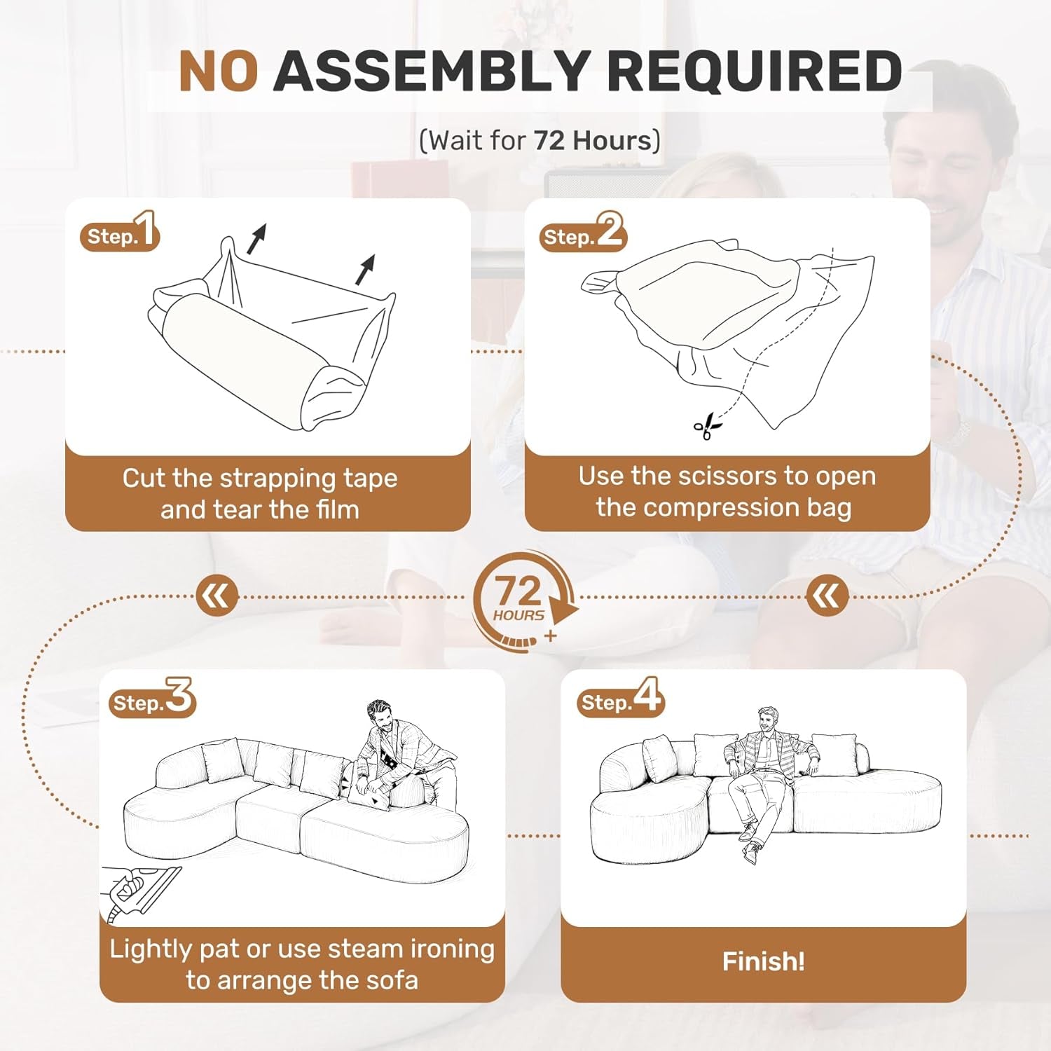 114 Inch Boneless Couches for Living Room,Modern Modular Sectional Sofa with Chaise,L-Shape Cloud Sectional Couch,No Assembly Required,Brown