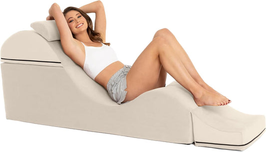 Kami Convertible Chaise/Bed Bench for Yoga & Massage - 2-In-1 End of Bed Ottoman with Concealed Fold Out Yoga Lounge Chair, 18" Wide, Microvelvet Bone Ivory