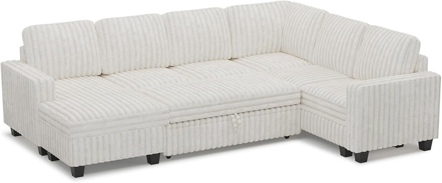Corduroy Sleeper Sofa Bed with Storage Chaise Modular Sectional Sofa Couch with Pull Out Bed L Shaped Sectional Couches for Living Room Beige Couch