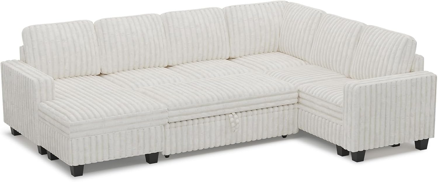 Corduroy Sleeper Sofa Bed with Storage Chaise Modular Sectional Sofa Couch with Pull Out Bed L Shaped Sectional Couches for Living Room Beige Couch