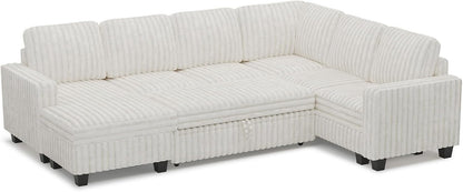 Corduroy Sleeper Sofa Bed with Storage Chaise Modular Sectional Sofa Couch with Pull Out Bed L Shaped Sectional Couches for Living Room Beige Couch
