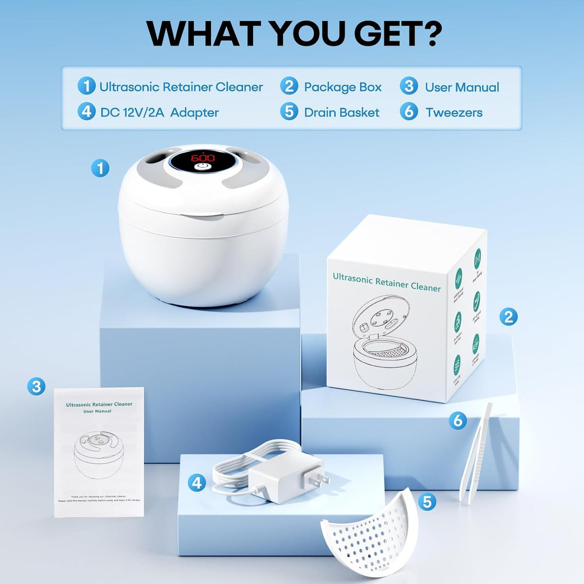 Upgraded Ultrasonic Retainer Cleaner, 45Khz Ultrasonic Dentures Cleaner for Night Guards, Braces, Aligner, Toothbrush, Jewelry and More, 4 Modes Cleaning Pod 200ML