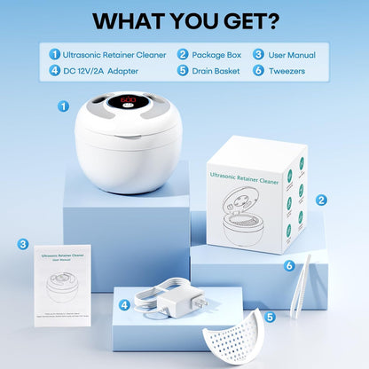 Upgraded Ultrasonic Retainer Cleaner, 45Khz Ultrasonic Dentures Cleaner for Night Guards, Braces, Aligner, Toothbrush, Jewelry and More, 4 Modes Cleaning Pod 200ML