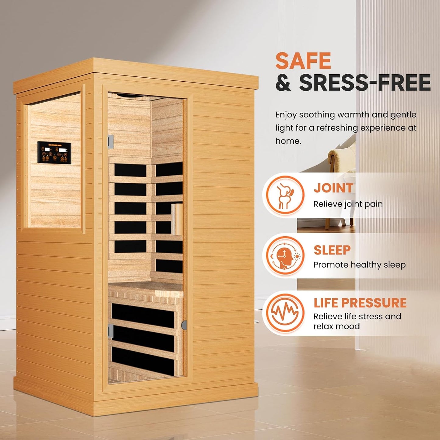 Far Infrared Sauna Home Sauna Spa Room Canadian Hemlock Wood 1200W Indoor Saunas Low EMF 110V with 7 Color Light and Tempered Glass Door, Room: 35.2 * 27.6 * 61.6Inch