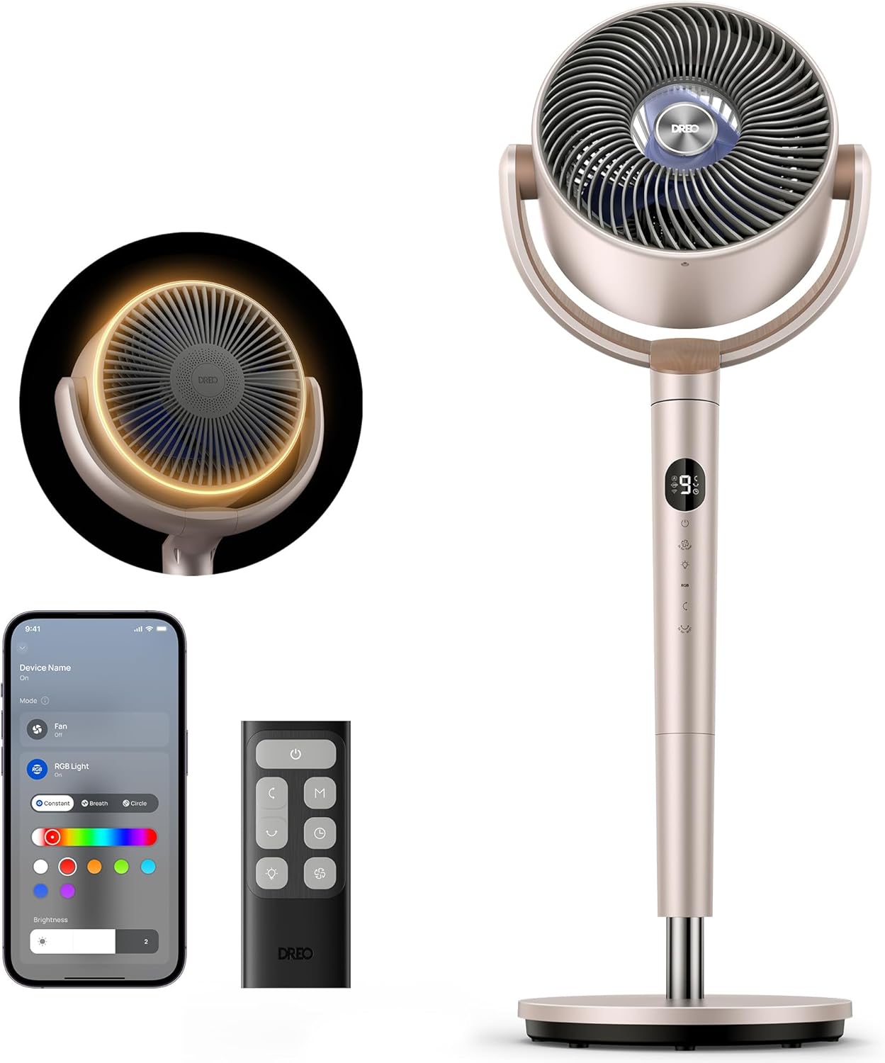 Smart Fans for Bedroom, 120° +120° Omni-Directional Oscillating Fan, 100Ft Quiet Pedestal Fan with RGB Light, 9 Speeds, 6 Modes, 20Db, 8H Timer, Wi-Fi/Voice, 37-42" Floor Fans, Starlight