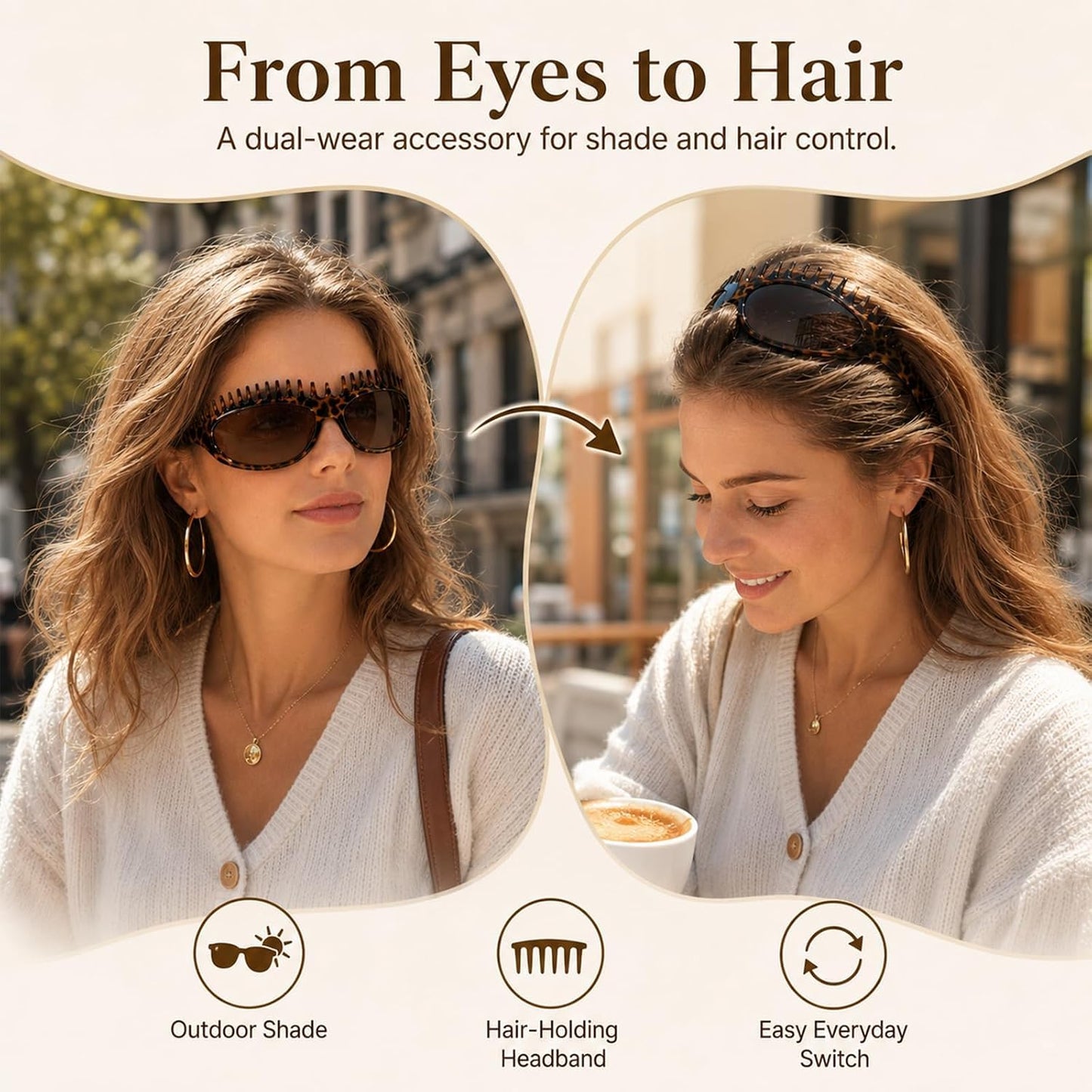 2 in 1 Foldable Sunglasses Headband Chic Tortoiseshell Hair Accessory, for Women Summer Workout Yoga Travel Daily Use